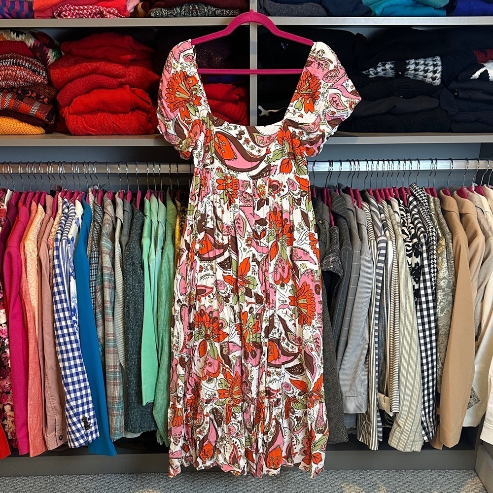 Storia white/pink/orange back smocked shirt puff sleeve midi dress size S